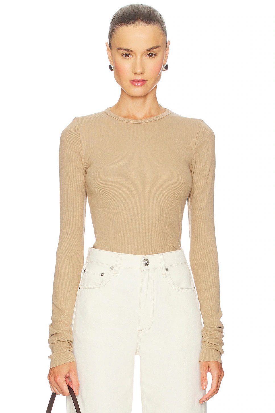 Eterne Long Sleeve Fitted Top in Taupe - Image 1