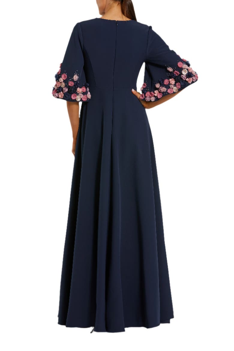 Stretch Satin Elbow Sleeve Gown With Flower Trim