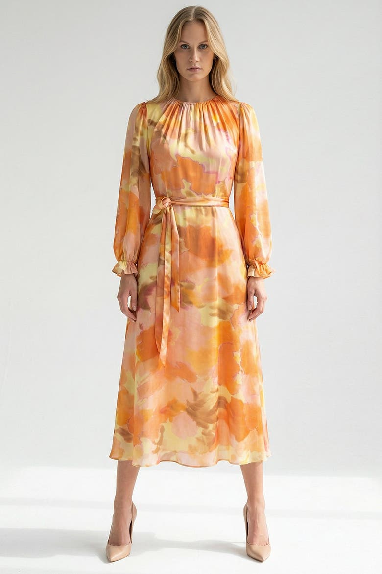 Crew Neck Long Sleeve Relaxed Fit Printed Dress