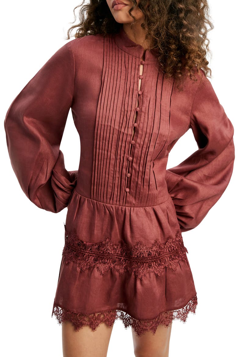 Antonia Lace Trim Long Sleeve Linen Minidress