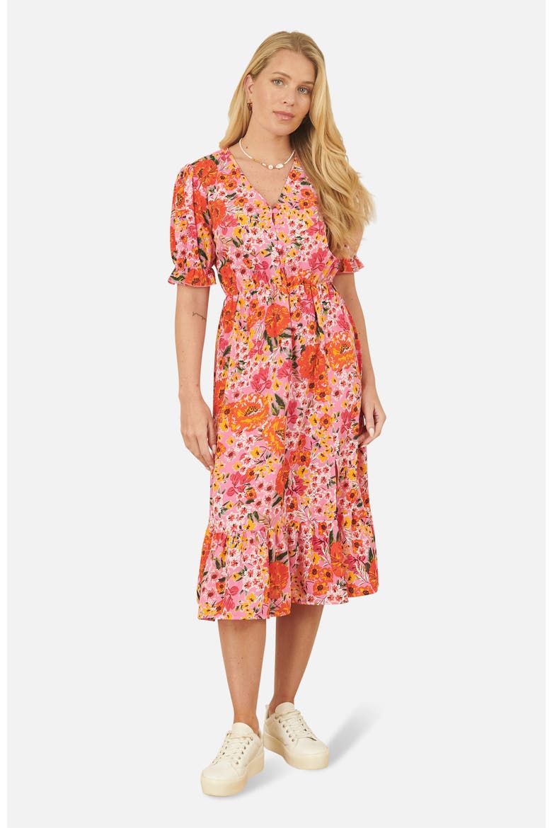 Puff Sleeve V-Neck Printed Midi Dress