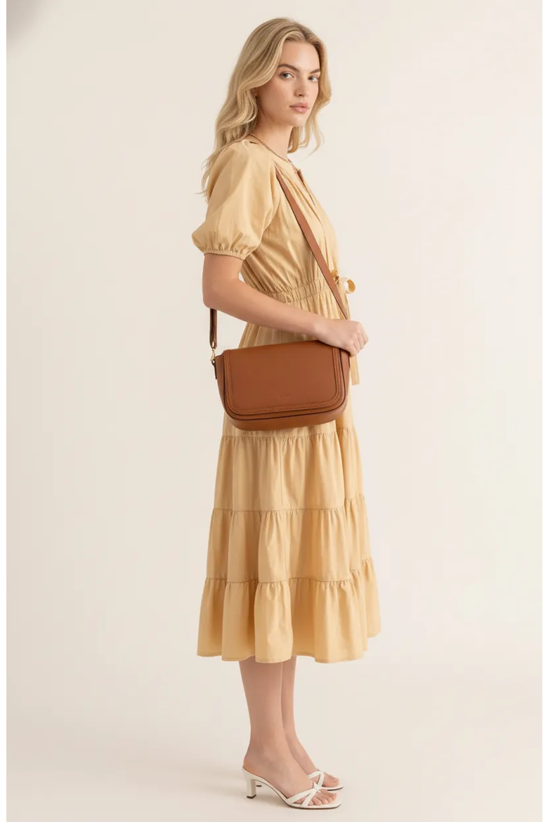 Tiered Puff Sleeve Tie Waist Midi Dress