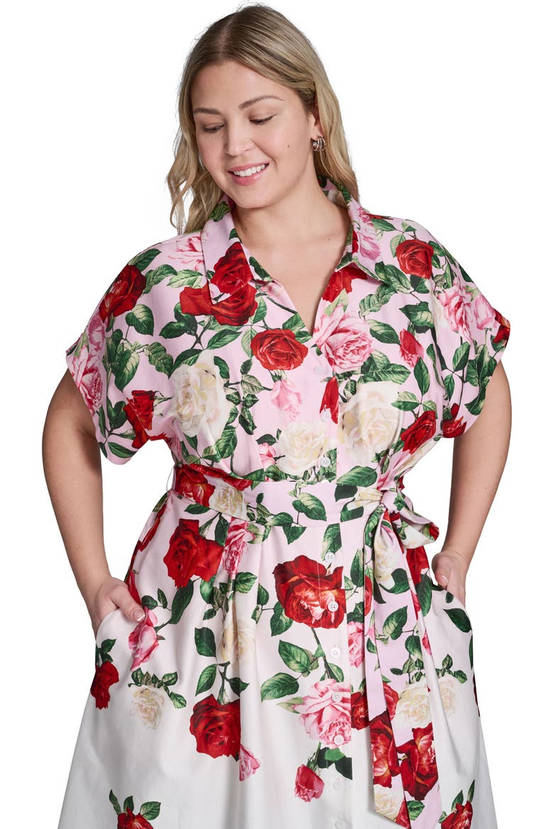 Placed Floral Stretch Cotton Midi Shirtdress