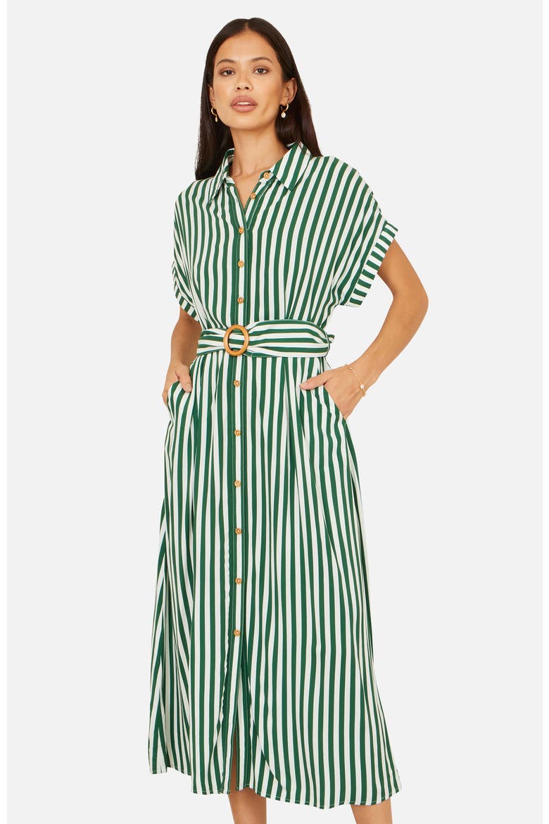 Stripe Print Belted Midi Shirt Dress