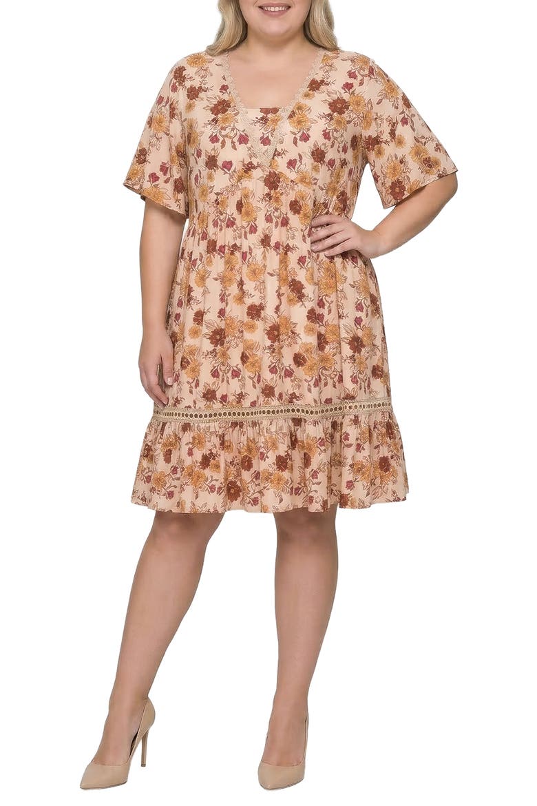 Floral Print Crochet Lace Trim Dress