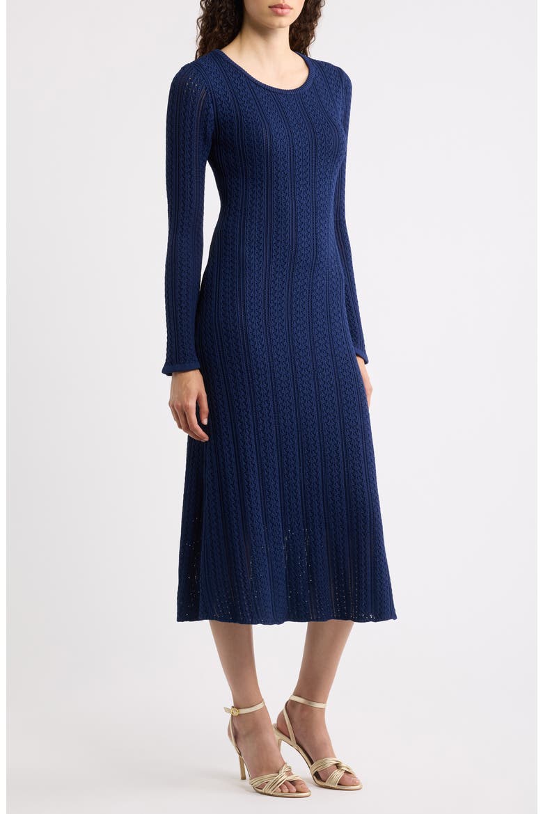 The Julietta Long Sleeve Pointelle Midi Sweater Dress