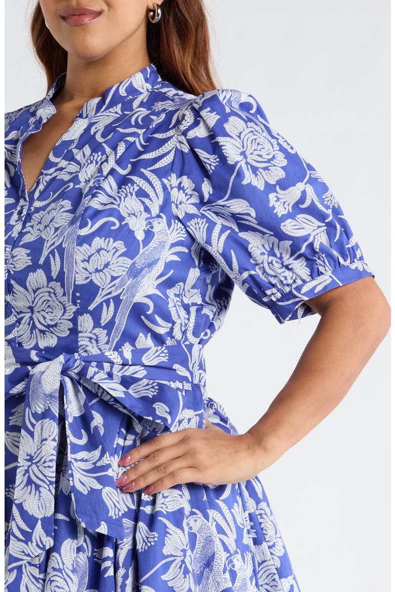 Floral Puff Sleeve Pleated Cotton Shirtdress