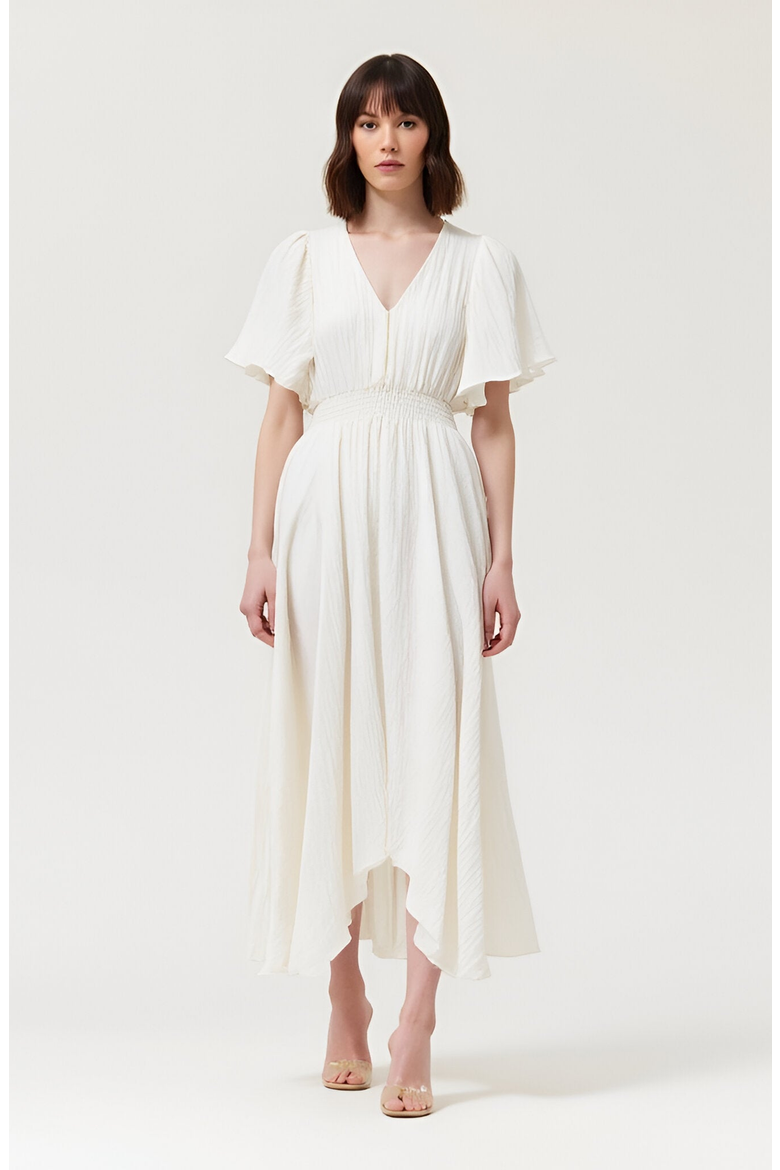 V-Neck Midi Dress with Flutter Sleeves and Handkerchief Hem