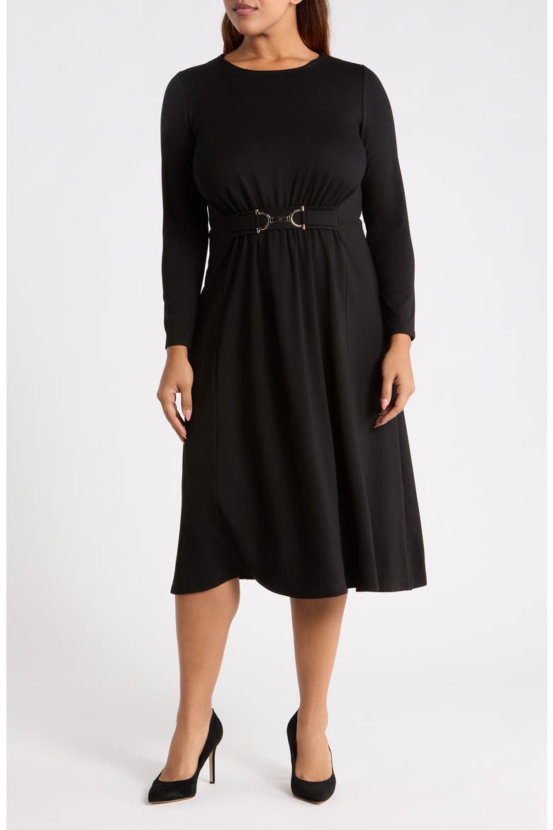 Accent Waist Long Sleeve Midi Dress
