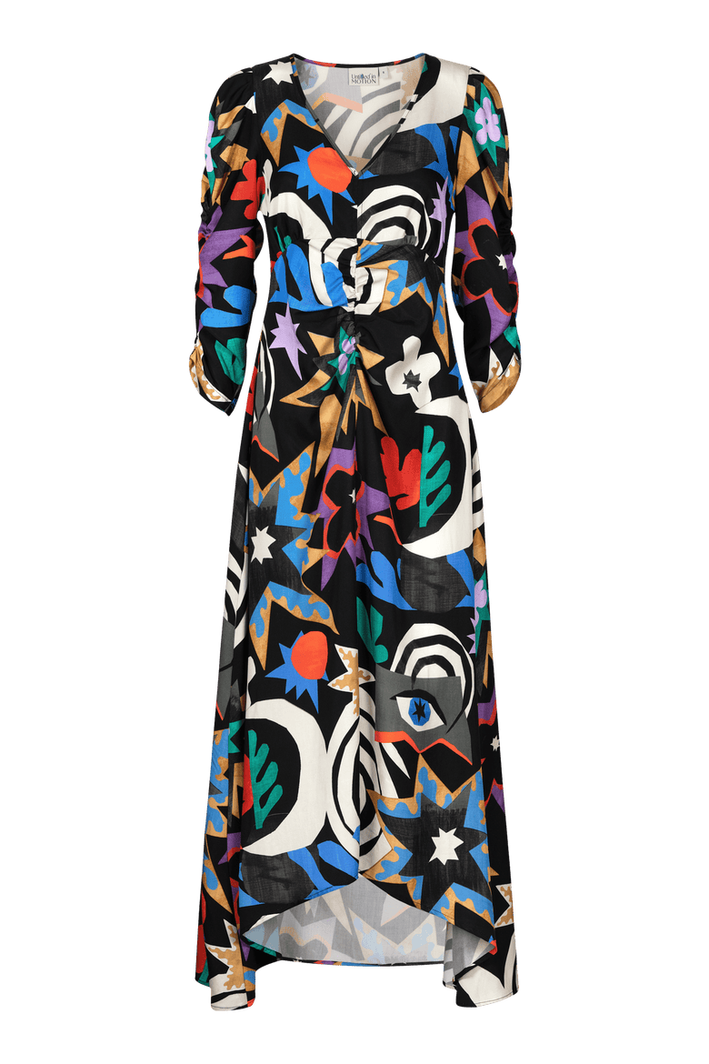 Anoita Puffed-Sleeve Printed Midi Dress