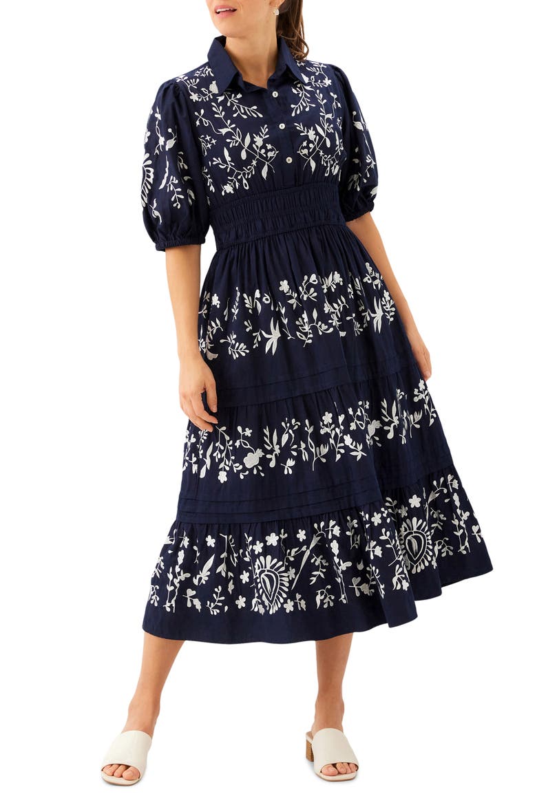 Embroidered Puff Sleeve Tiered Midi Dress