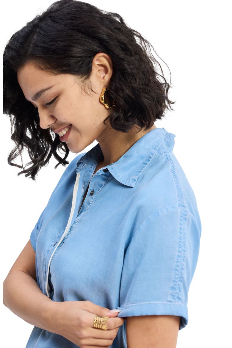 Drawstring Denim Shirt Dress with Front Buttons in Blue