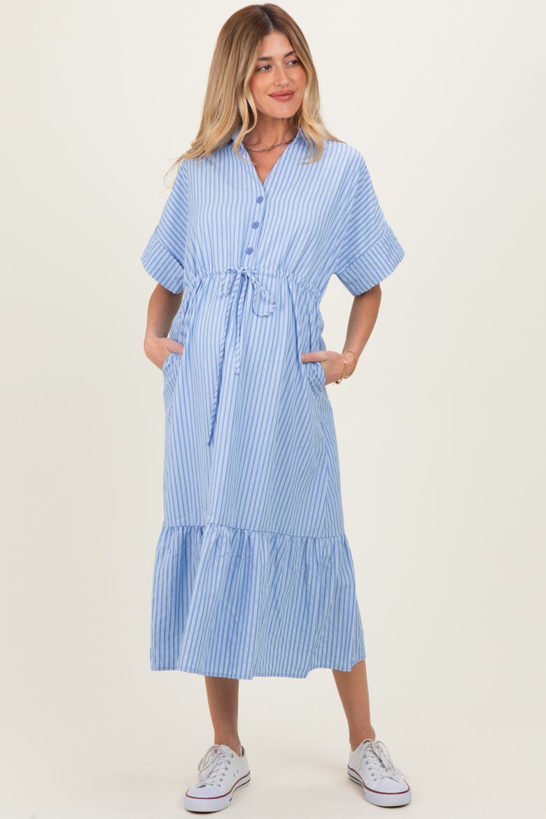 Blue Striped Button Collared Midi Dress