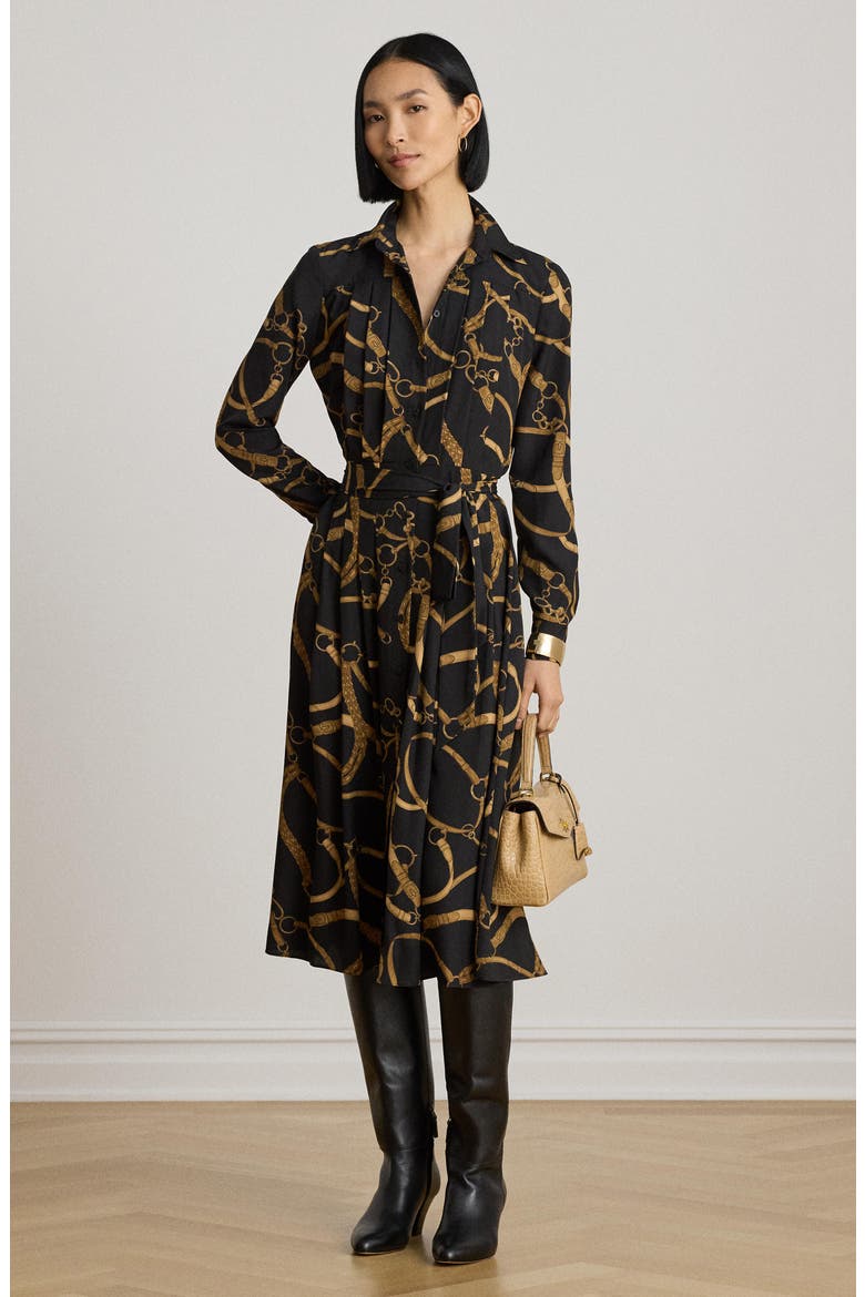 Belt Print Long Sleeve Crêpe de Chine Midi Shirtdress