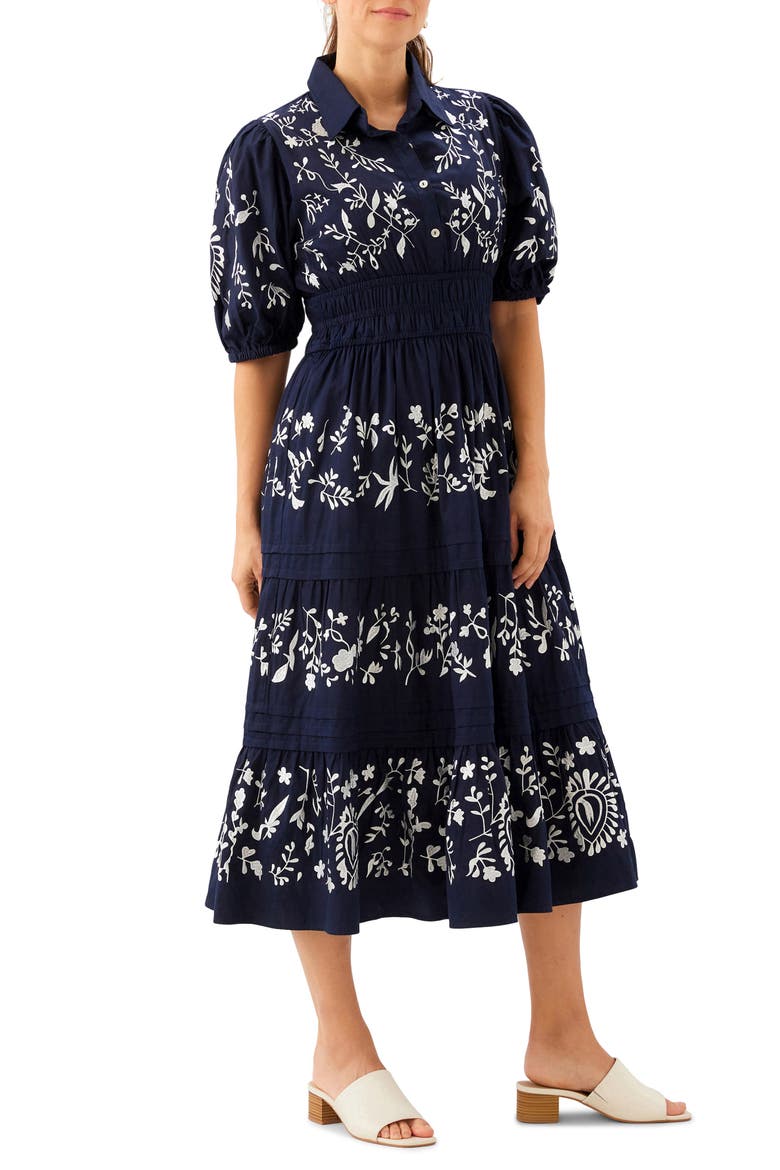Embroidered Puff Sleeve Tiered Midi Dress