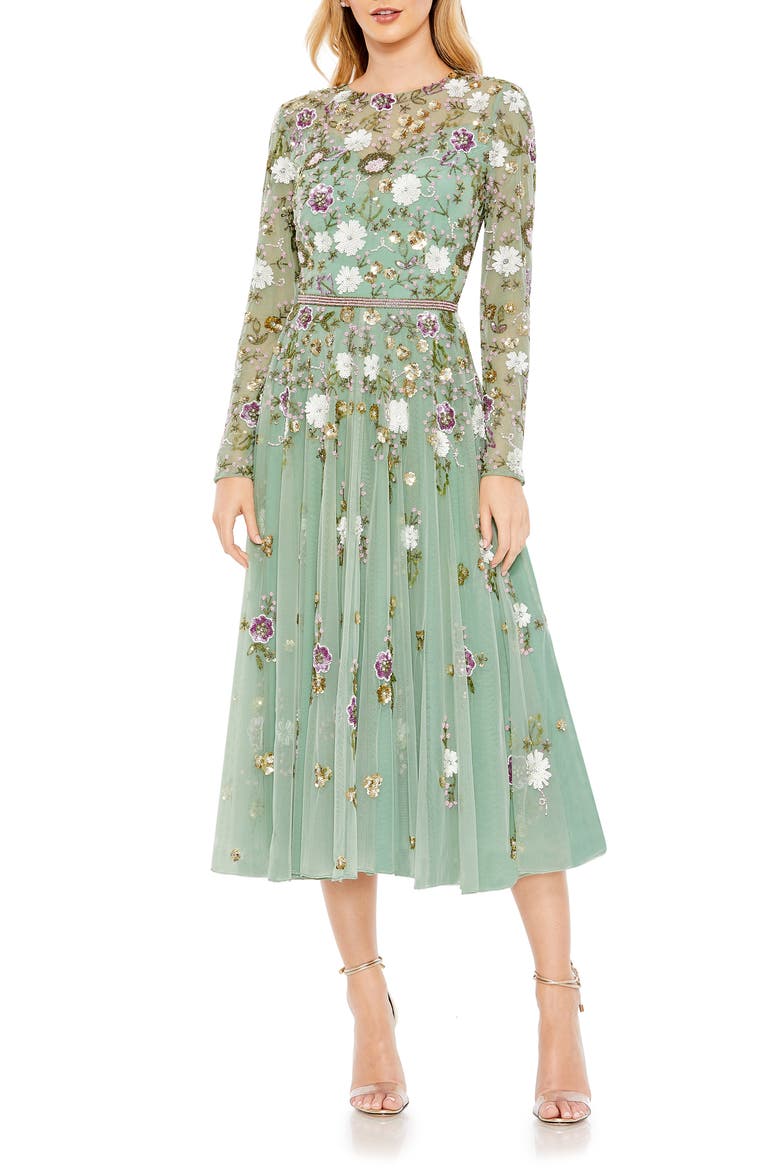 Sequined Floral Long Sleeve High Neck Midi Dress