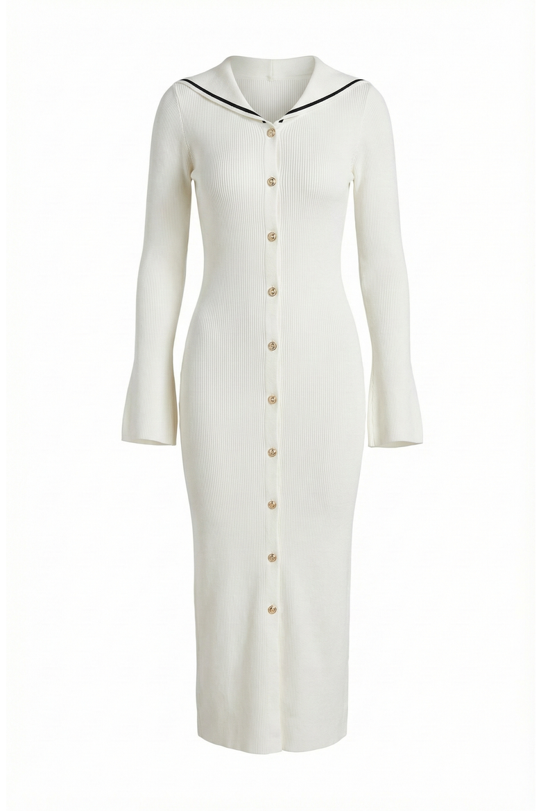 Ribbed Knit V-Neck Contrast Trim Midi Dress