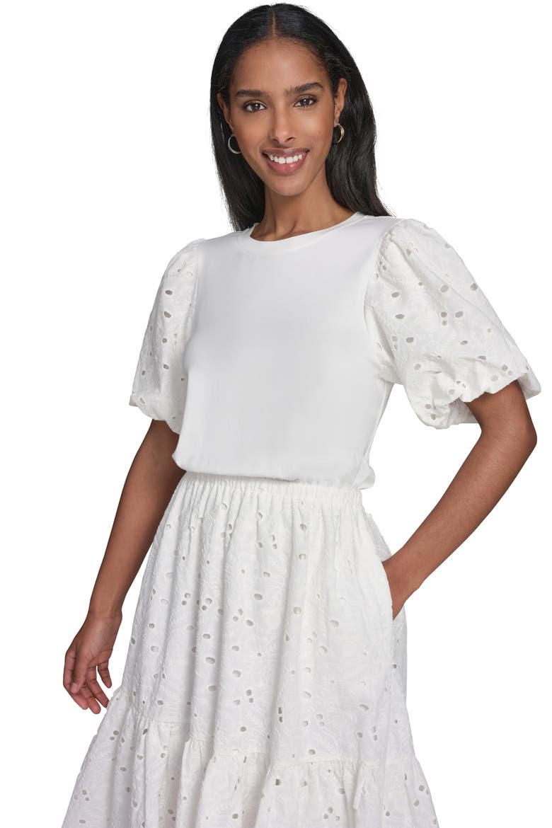 Mixed Media Eyelet Lace Midi Dress