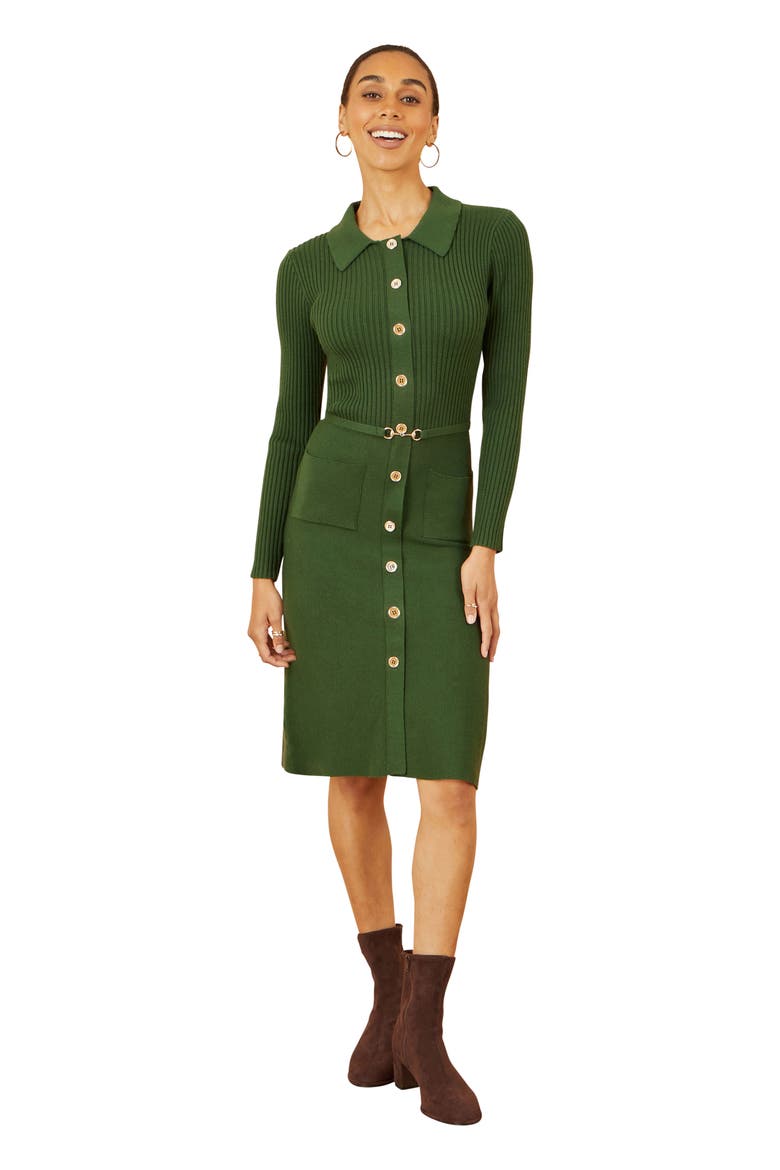 Belted Rib Knit Midi Dress With Pockets