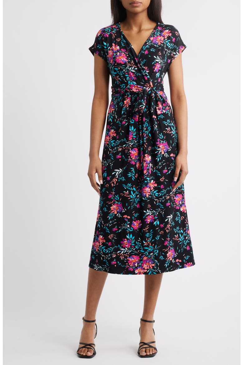 Floral Print Faux Wrap Midi Dress