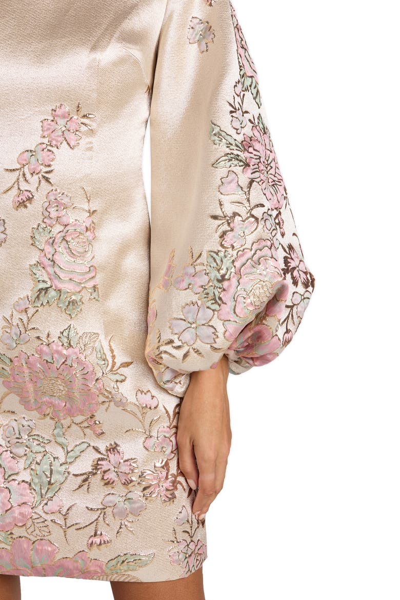 Brocade High Neck Long Bishop Sleeve Mini Dress