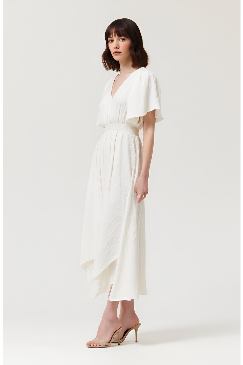 V-Neck Midi Dress with Flutter Sleeves and Handkerchief Hem