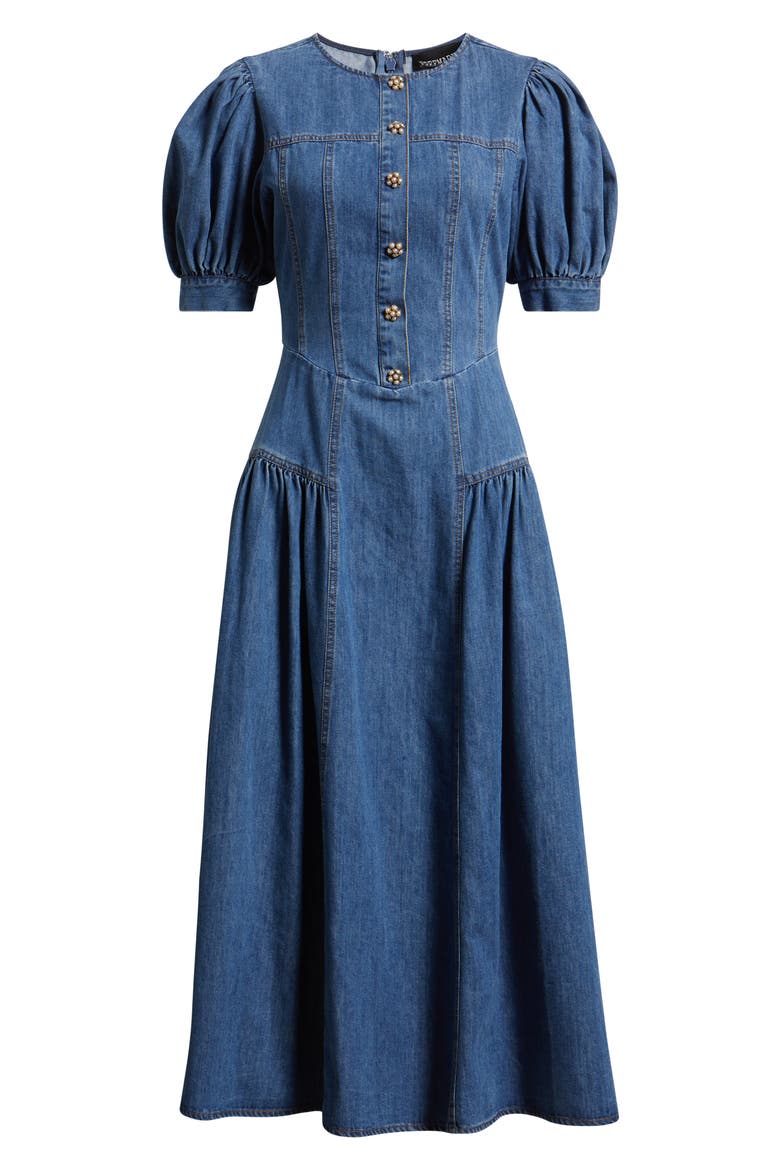 Cotton Blend Puff Sleeve Denim Midi Dress