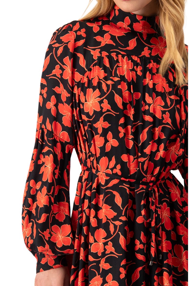 Black Mini Dress with Red Floral Print and Drawstring Waist