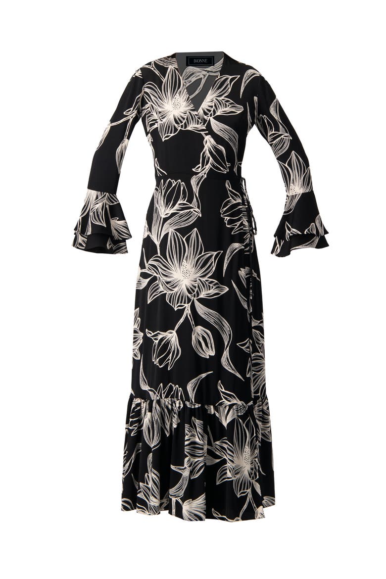 Long Black Dress with White Floral Print