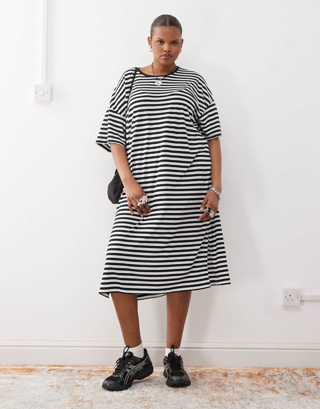 Noisy May Curve midi t-shirt dress in black and white stripe