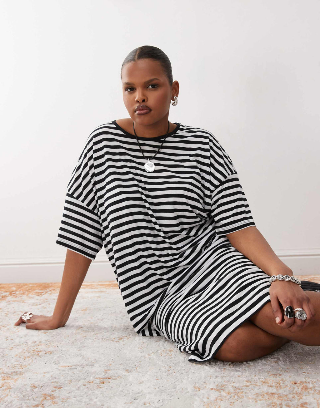 Noisy May Curve midi t-shirt dress in black and white stripe