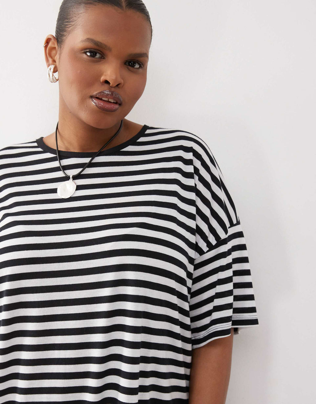 Noisy May Curve midi t-shirt dress in black and white stripe