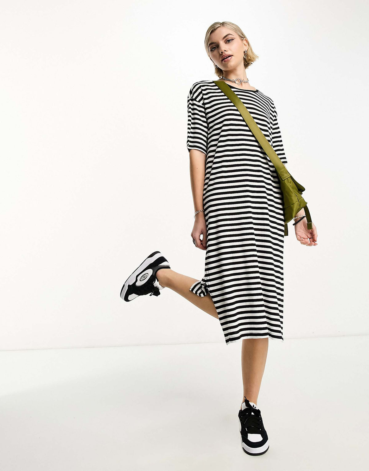 Noisy May midi split T-shirt dress in black & white stripe