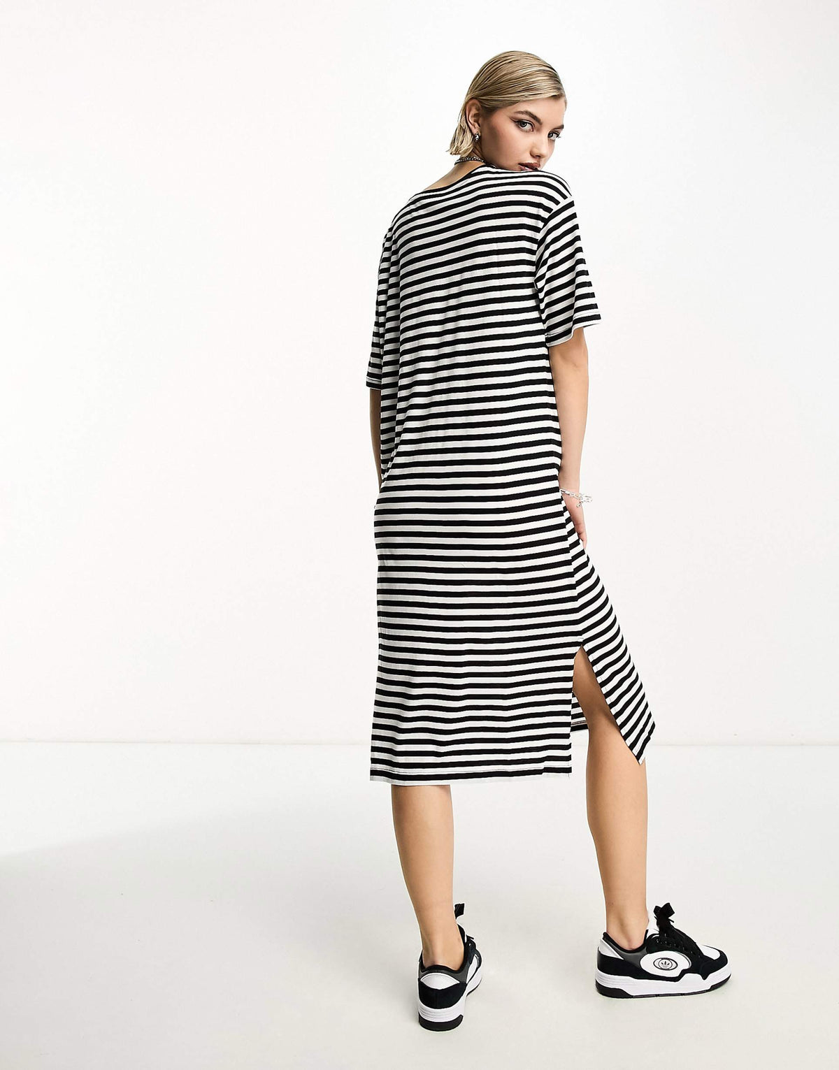 Noisy May midi split T-shirt dress in black & white stripe