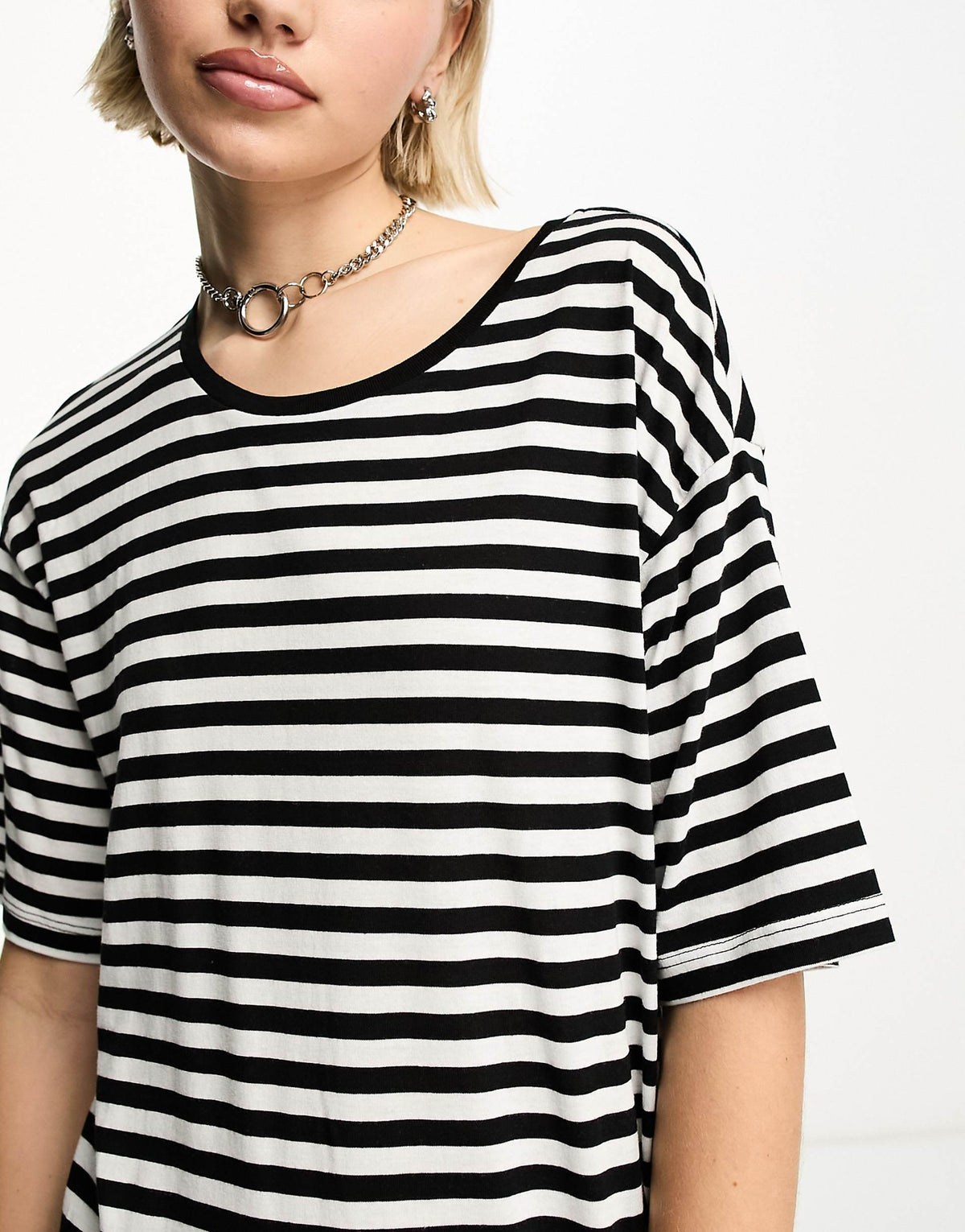 Noisy May midi split T-shirt dress in black & white stripe