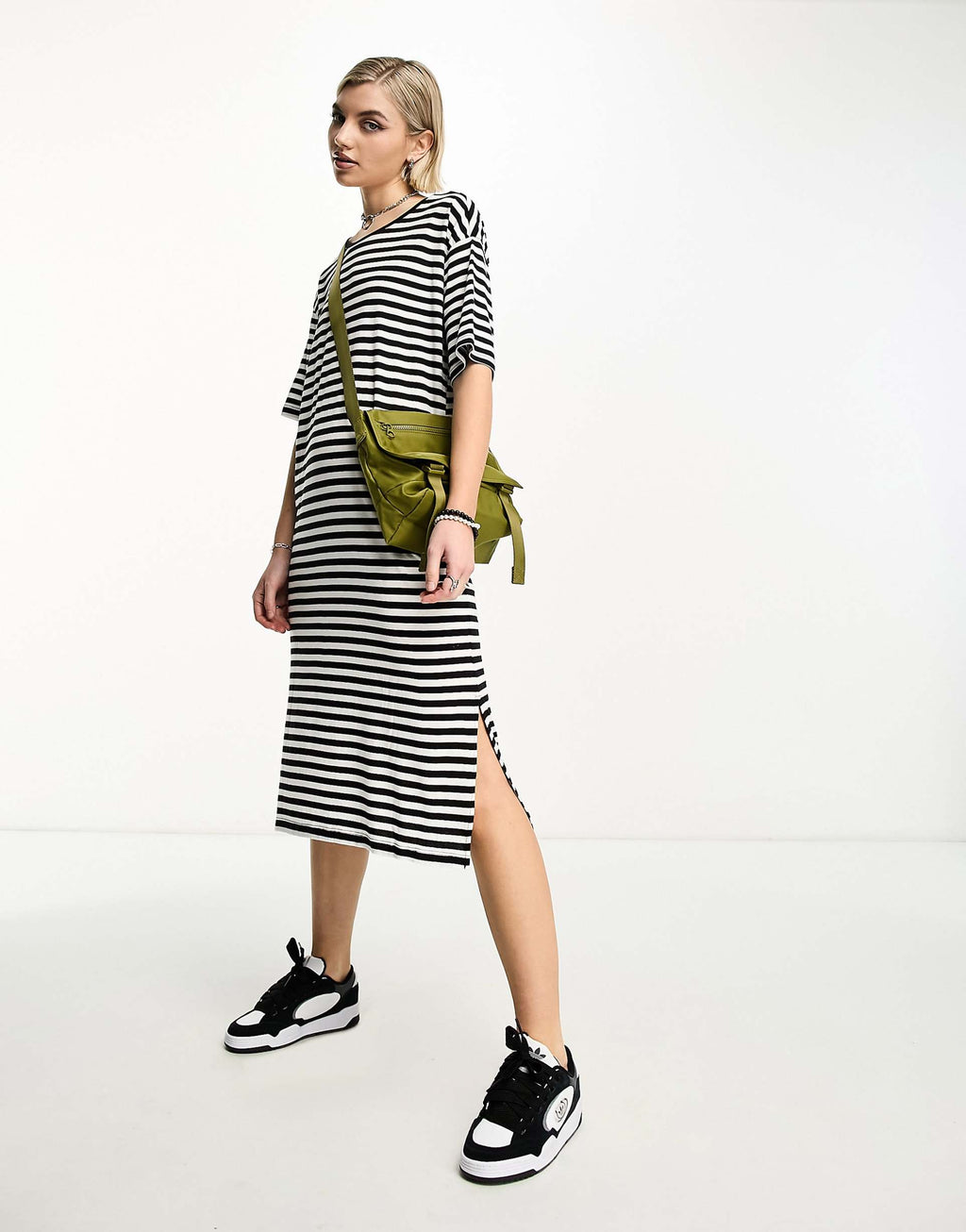Noisy May midi split T-shirt dress in black & white stripe