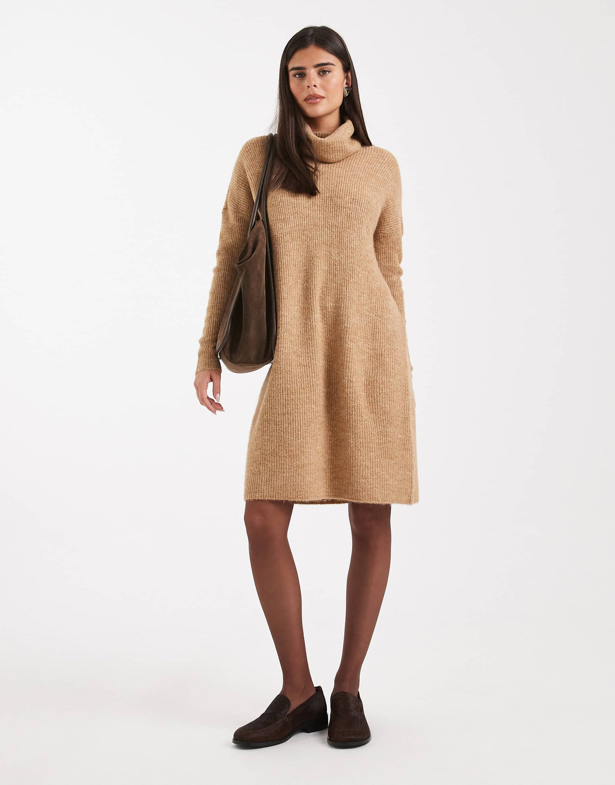 Only roll neck knitted mini sweater dress in beige