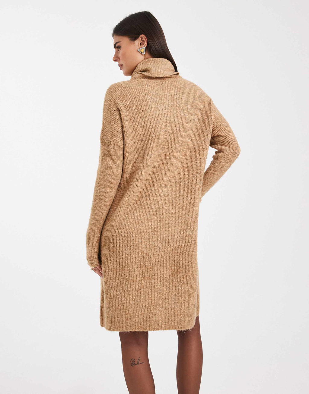 Only roll neck knitted mini sweater dress in beige