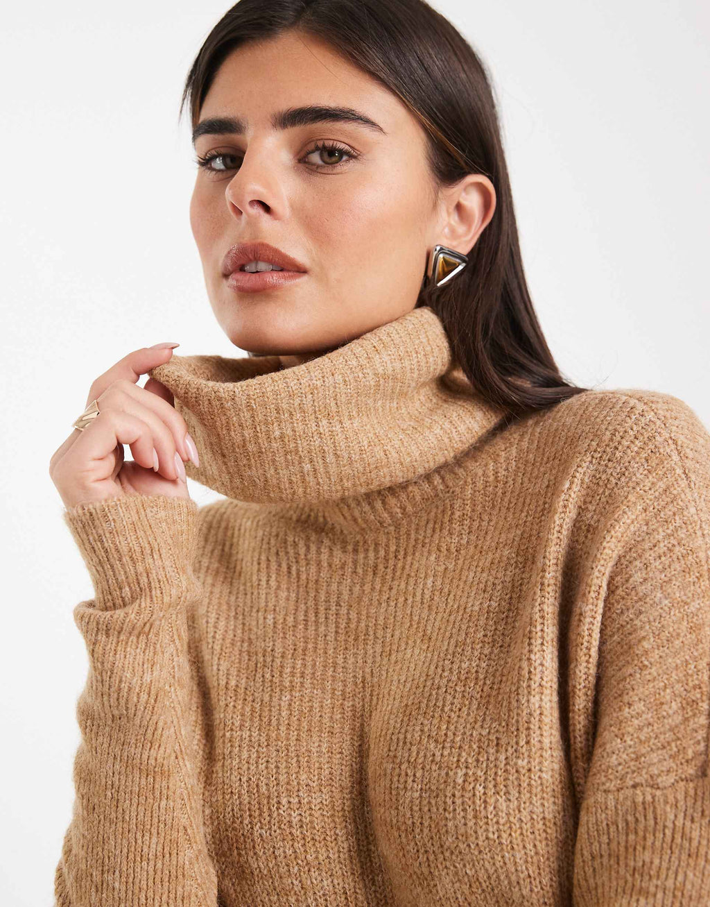 Only roll neck knitted mini sweater dress in beige