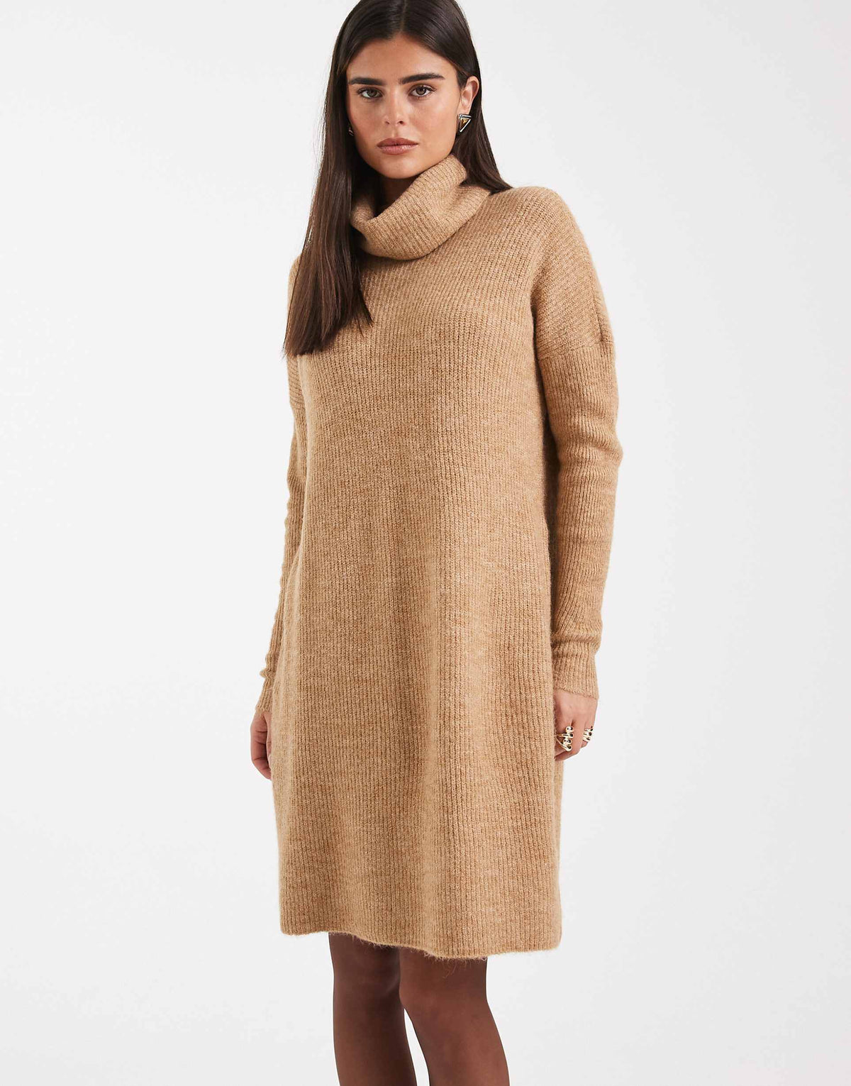 Only roll neck knitted mini sweater dress in beige