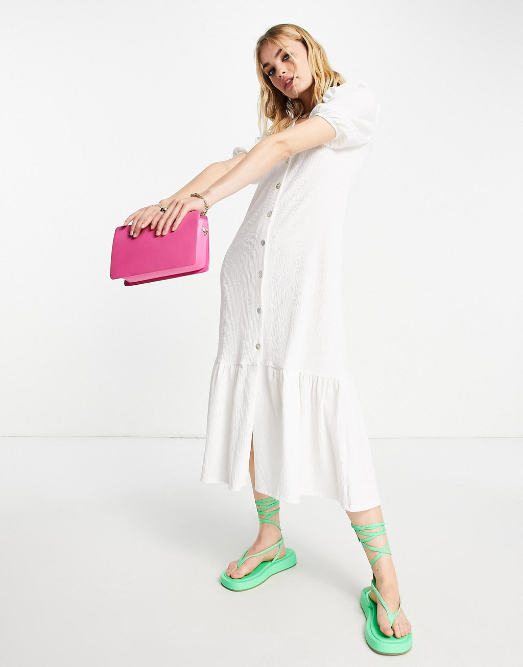 River Island textured button smock midi dress in white