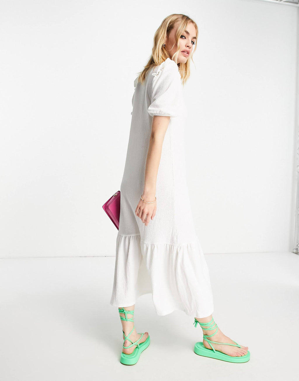 River Island textured button smock midi dress in white
