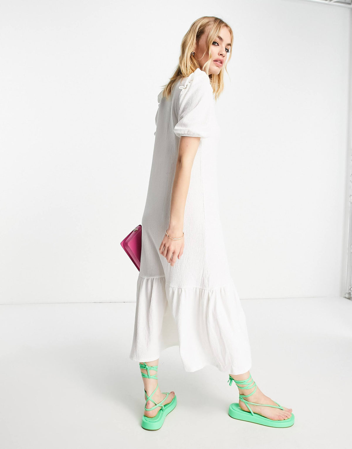 River Island textured button smock midi dress in white
