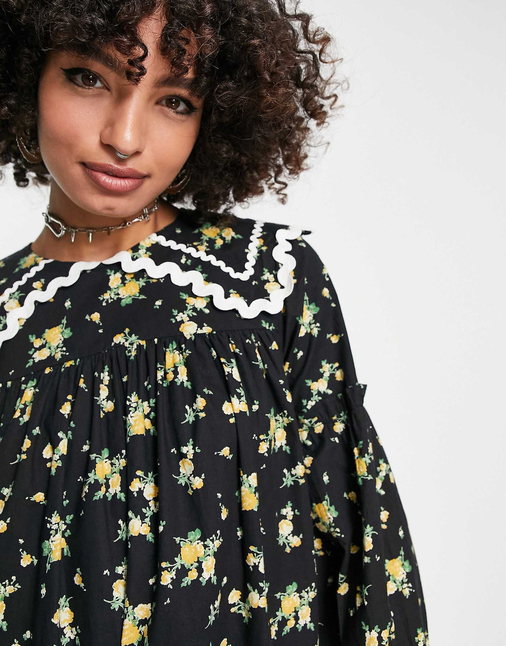 Reclaimed Vintage mini smock dress with contrast trim collar in floral