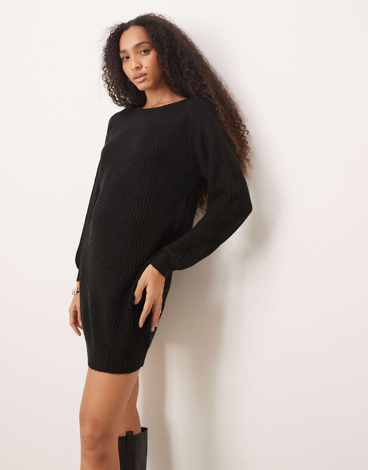 JDY wide neck knit mini sweater dress in black