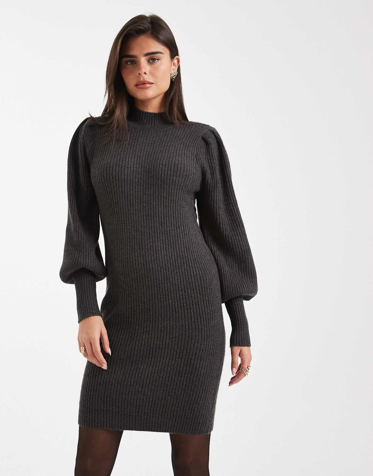 Only high neck puff sleeve mini sweater dress in dark gray
