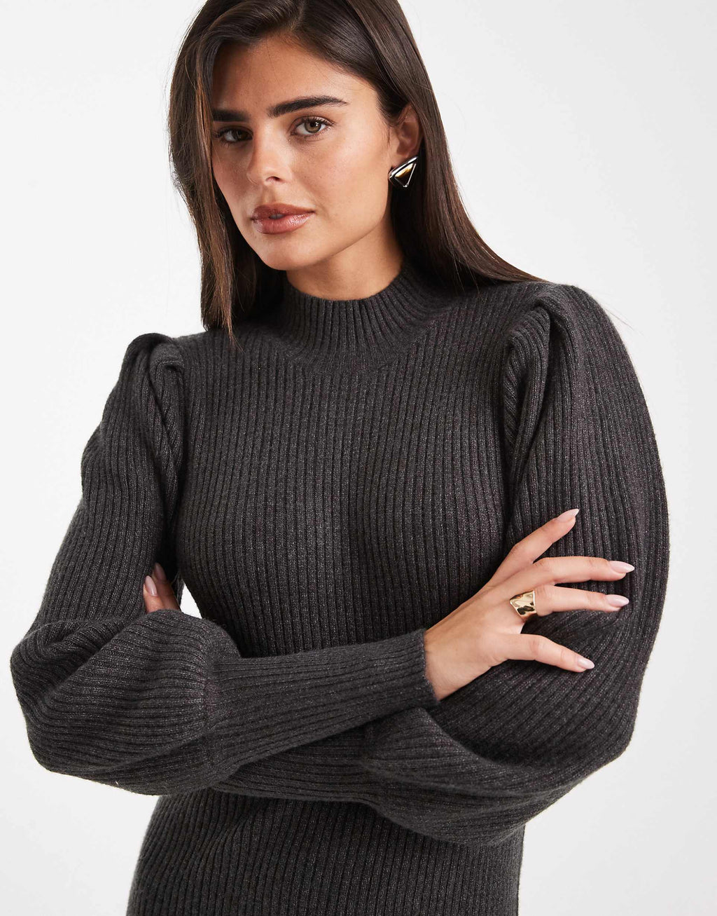 Only high neck puff sleeve mini sweater dress in dark gray