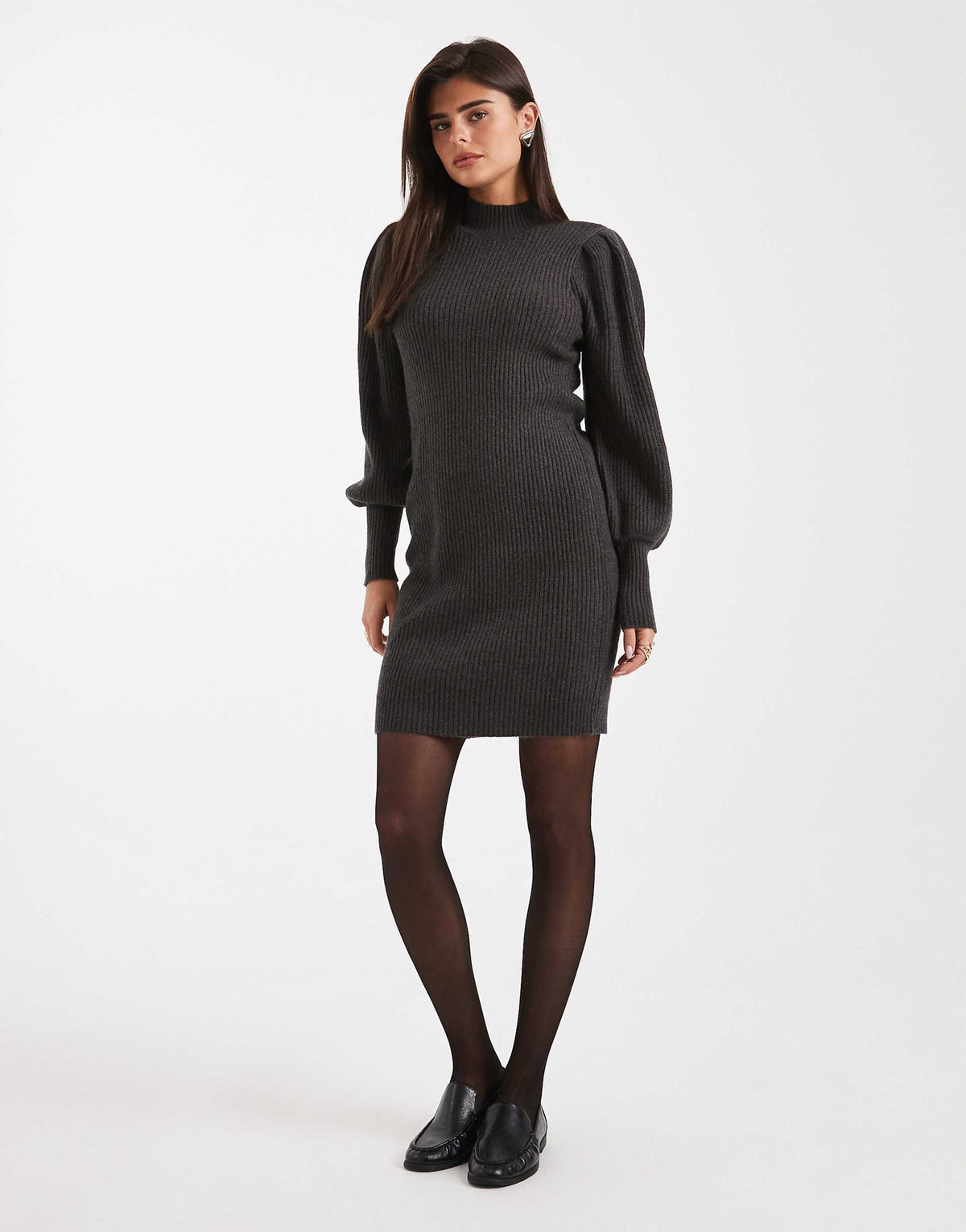 Only high neck puff sleeve mini sweater dress in dark gray
