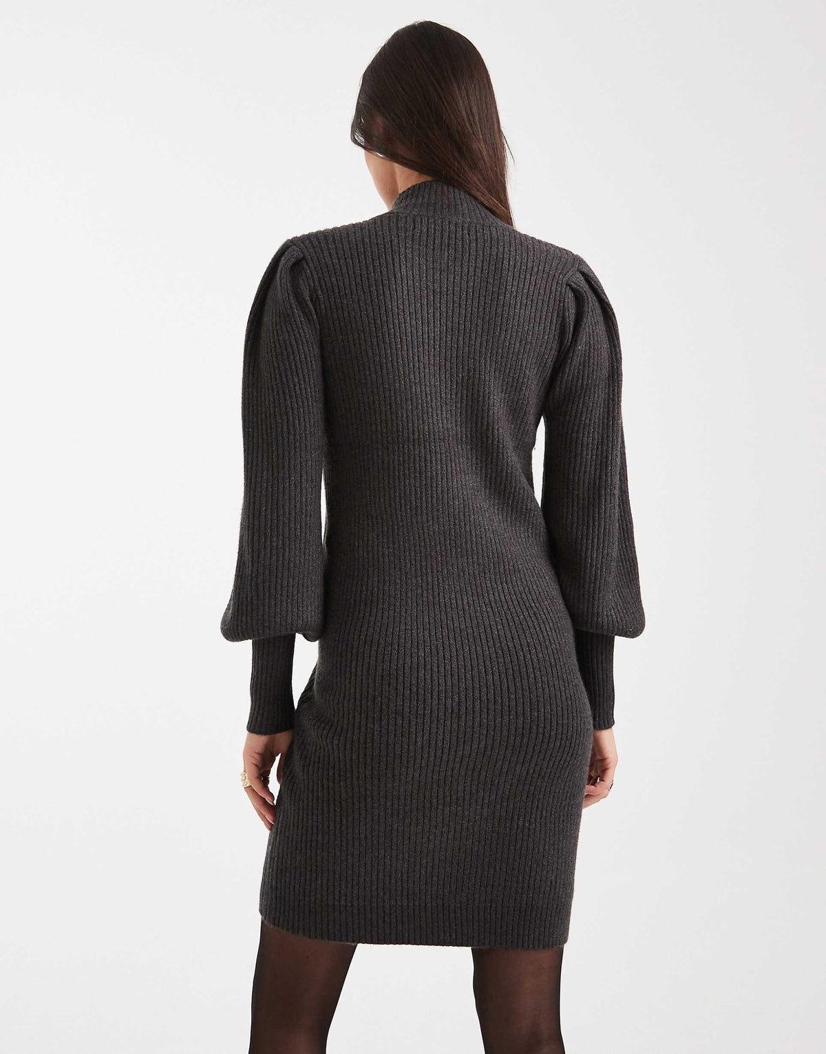 Only high neck puff sleeve mini sweater dress in dark gray