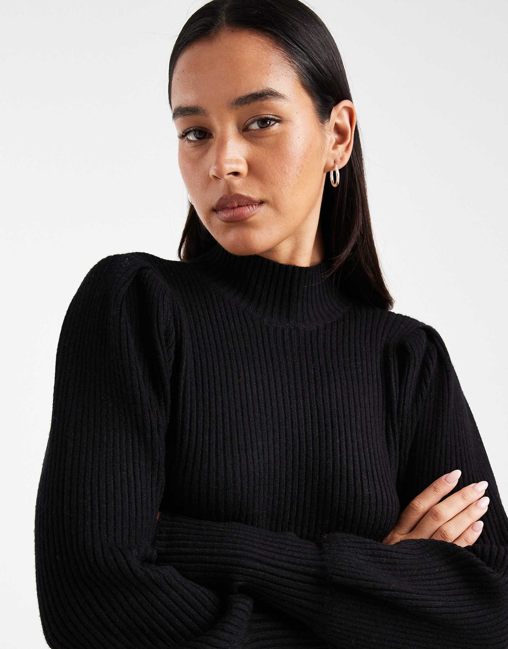 Only high neck puff sleeve mini sweater dress in black